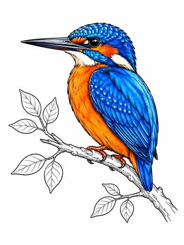 A blue and orange kingfisher perched on a branch, partly colored and partly line art