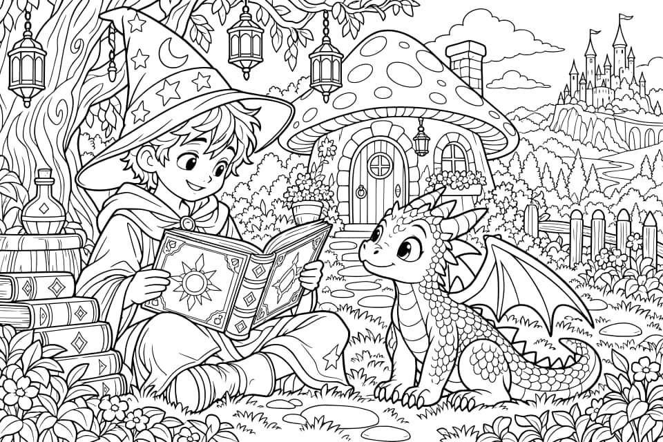 An Ultra-detail coloring page: a young wizard reading beside a dragon, surrounded by tiny scales, flowers, hanging lanterns, and a mushroom cottage