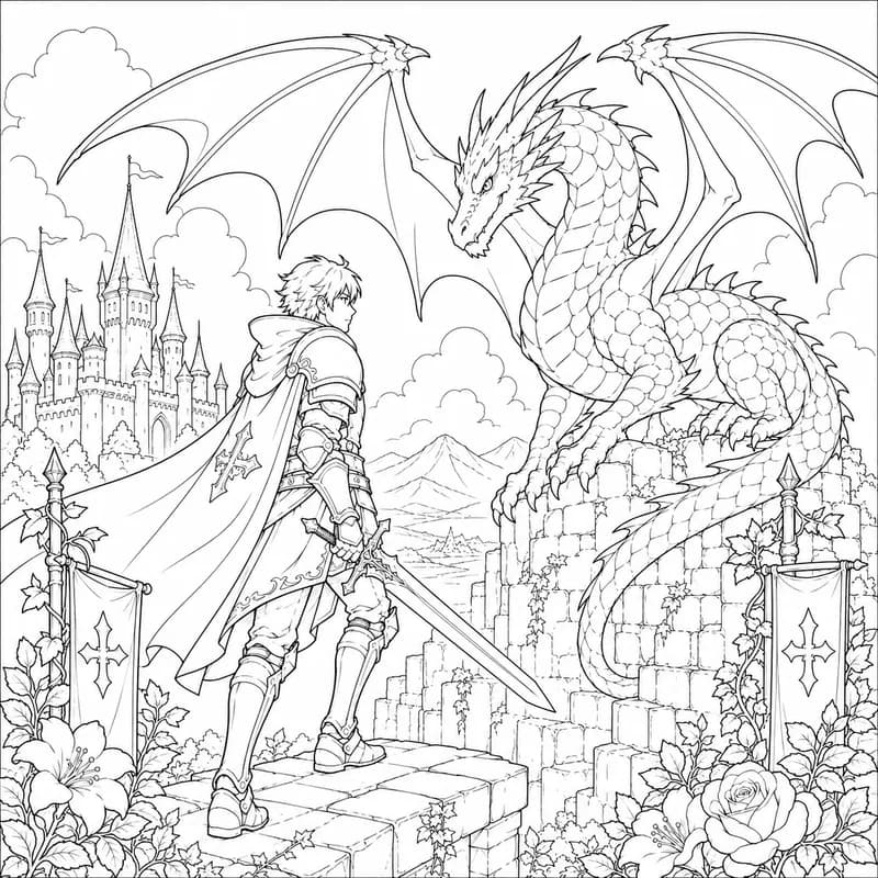 Fantasy coloring page, shown beside its colorful version